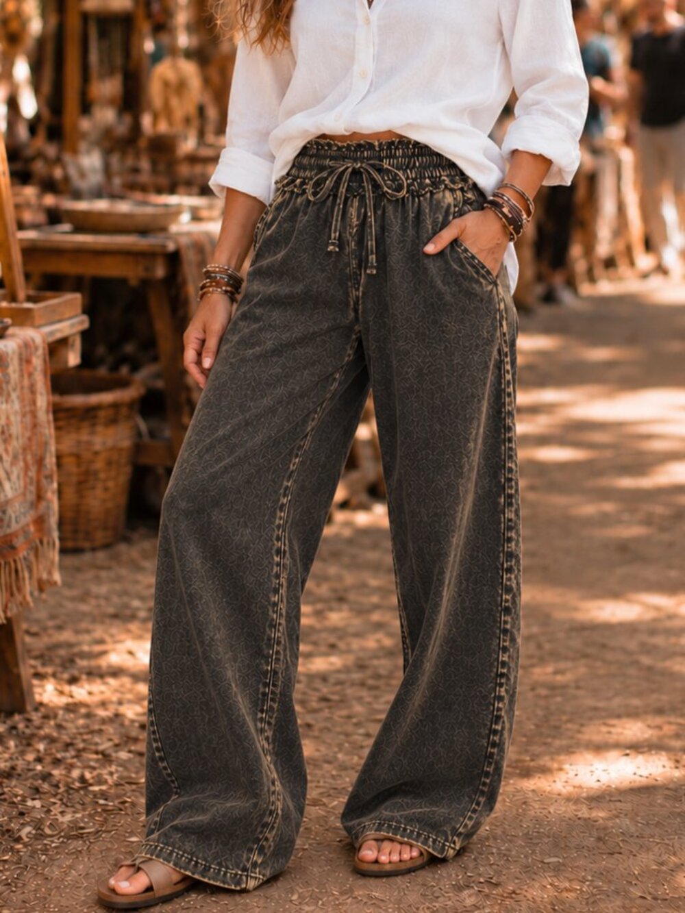 Zenana 100% Tencel Ash Charcoal Mineral Wash Wide Leg Boho Pants NWT